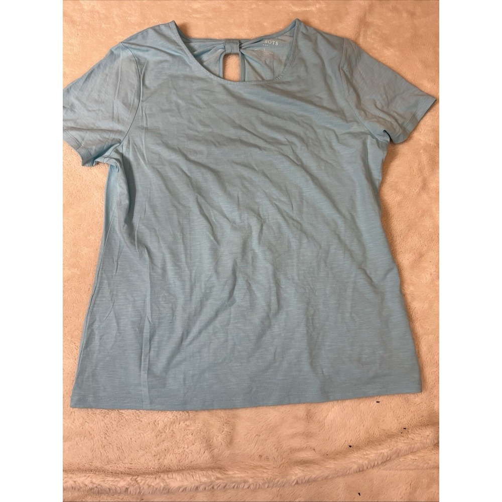 Talbots Gather Back Blouse Top Light Blue Short Sleeve Cotton Knit Size L - Picture 2 of 5